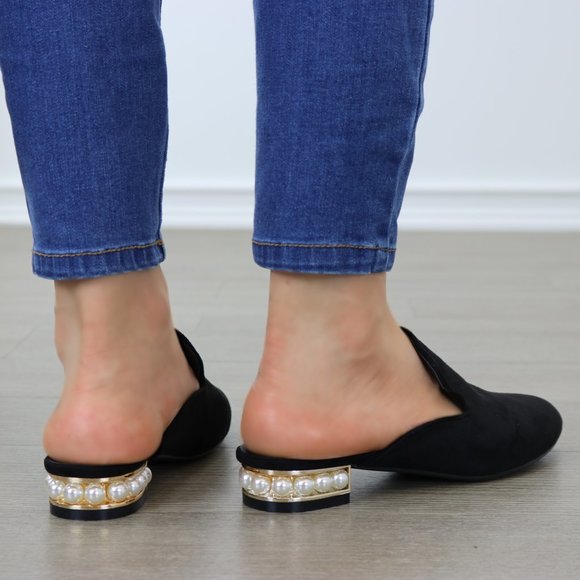 Suede Slip On Loafer Mule Pearl Accents on Heel - Picture 12 of 13
